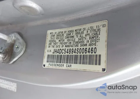 2004 Acura Rsx z USA, uszkodzony, nr VIN JH4DC54894S006460